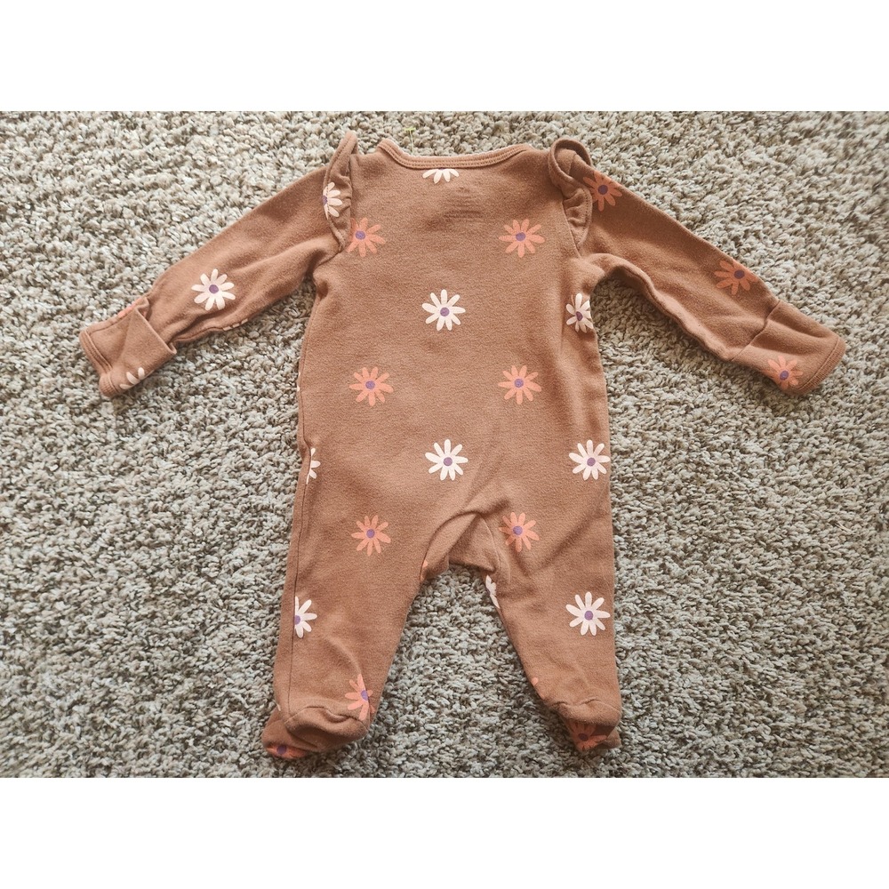 Carters Newborn Girl Brown Daisy Floral Hedgehog Zip Up Footed Sleeper Pajamas - Picture 4 of 7